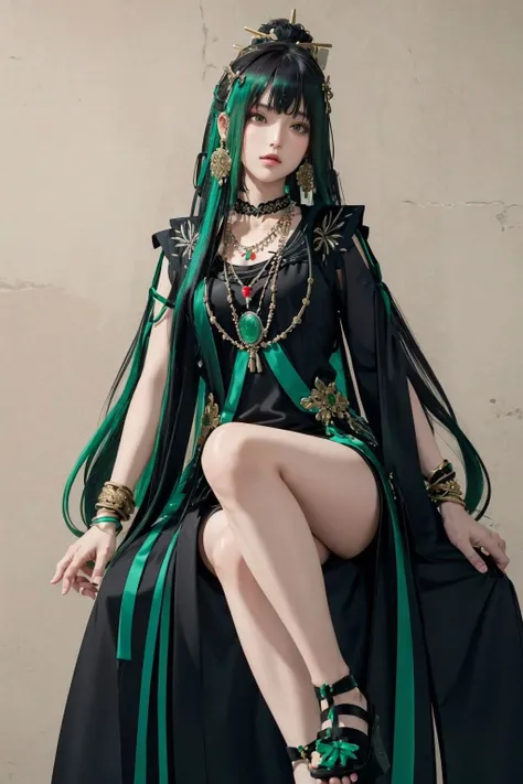 <lora:Qu-Punishing Gray Raven:0.7>, qu,multicolored hair,black and green hair,long hair,hair ornament,tiara,chinese clothes,long sleeves,bracelet,necklace,ribbon,black footwear,side slit, high slit, thighs,cowboy shot,, (masterpiece, best quality, high quality, highres, ultra-detailed),