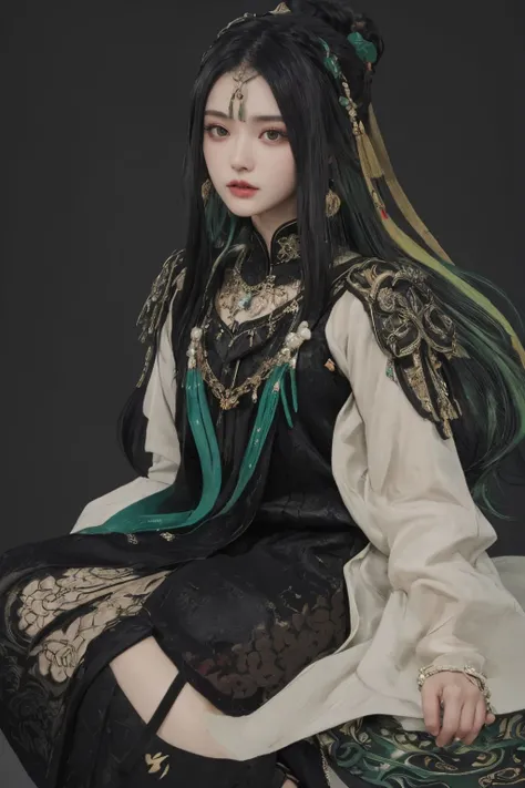 <lora:Qu-Punishing Gray Raven:0.6>, qu,multicolored hair,black and green hair,long hair,hair ornament,tiara,chinese clothes,long sleeves,bracelet,necklace,ribbon,black footwear, (masterpiece, best quality, high quality, highres, ultra-detailed),
