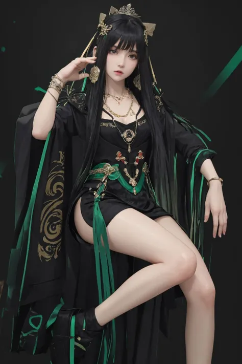 <lora:Qu-Punishing Gray Raven:0.7>, qu,multicolored hair,black and green hair,long hair,hair ornament,tiara,chinese clothes,long sleeves,bracelet,necklace,ribbon,black footwear,side slit, high slit, thighs,cowboy shot,, (masterpiece, best quality, high quality, highres, ultra-detailed),