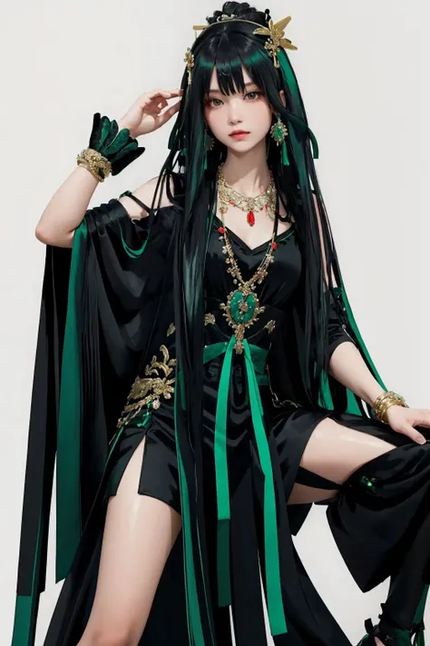 <lora:Qu-Punishing Gray Raven:0.7>, qu,black and green hair,long hair,hair ornament,tiara,chinese clothes,long sleeves,bracelet,necklace,ribbon,black footwear,side slit, thighs,cowboy shot,, (masterpiece, best quality, high quality, highres, ultra-detailed),