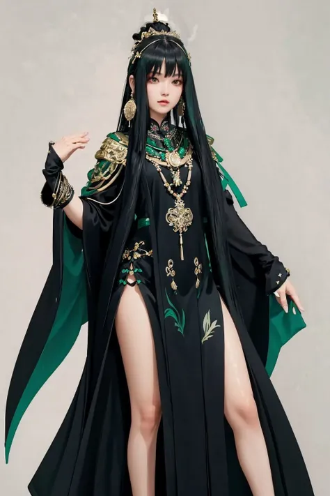 <lora:Qu-Punishing Gray Raven:0.7>, qu,black and green hair,long hair,hair ornament,tiara,chinese clothes,long sleeves,bracelet,necklace,ribbon,black footwear,side slit, thighs,cowboy shot,, (masterpiece, best quality, high quality, highres, ultra-detailed),