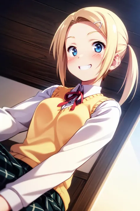 yuzuhaho, 1girl, solo, hairclip, school uniform, sweater vest, bowtie, shirt, plaid skirt, blush, smile, sitting, dutch angle, grin, from below <lora:yuzuhaho_V2-10:0.7>