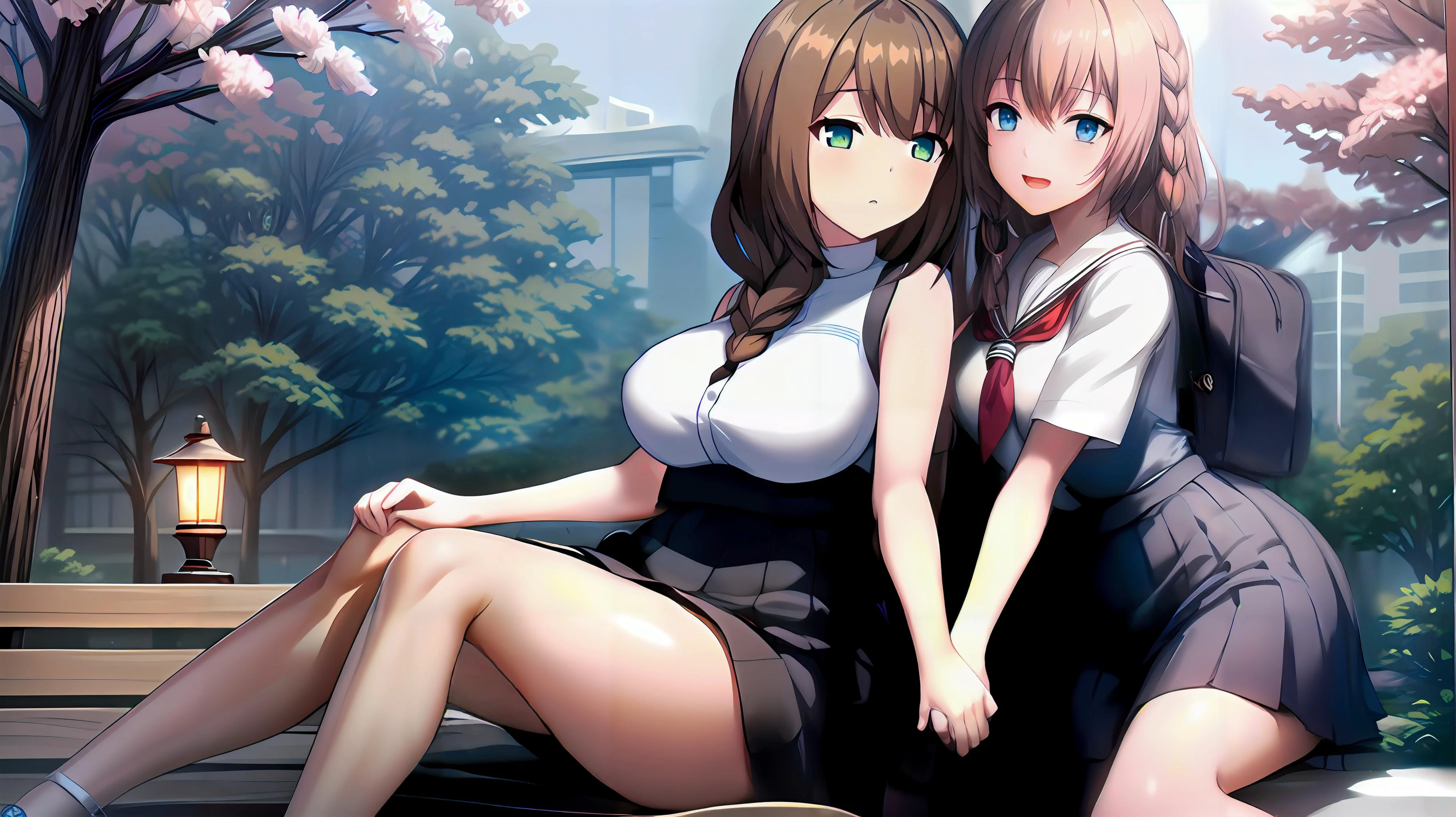 (best quality, masterpiece:1.2), (2girls, holding hands, yuri:1.2), cherry Blossom festival, official art,extremely detailed CG unity 8k wallpaper trees, <lora:Tool - hyperdetailer_v095:0.4>ADDCOMM
Cherry Tree, Lantern ADDCOL
(1girl), Green eyes, Brown hair,bangs,single braid, 1 girl, 20yo,Young female,Beautiful long legs,Beautiful body, Beautiful Nose,Beautiful character design, perfect eyes, perfect face,expressive eyes,perfect balance, looking at viewer,(Focus on her face),closed mouth, (innocent_big_eyes:1.0),(Light_Smile:0.3), (Beautiful,large_Breasts:1.4), (beautiful_face:1.5),(narrow_waist), ADDCOL
(1girl), rinka, seifuku , smile, blue skirt, <lora:Rinka_v1b:1:1:lbw=0,0,0,1,1,1, 1,1,1,1,1, 0,0,0,0,0,0>