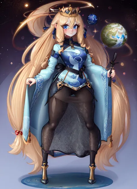 ((best quality)), ((highly detailed)), masterpiece, absurdres, detailed face, beautiful face, (detailed eyes, deep eyes), (1girl), <lora:giantessConcept_20:1>, PlanetaryGTS, (in outer space, holding earth \(planet\)), giantess, full body, dynamic pose, cowboy shot, <lora:hairdetailer:.7>, princess, ((very long hair)), curly hair, blonde hair, large dress, (maxi skirt), crown, (inside, at an office), <lora:limebreaker:1>, limebreaker