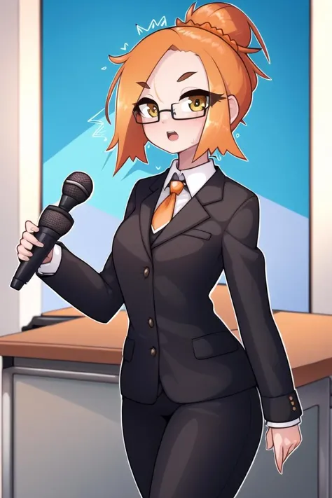 masterpiece, best quality, detailed, limebreaker, 1girl, solo, orange hair, single hair bun, frowned eyebrows, open mouth, glasses, speaking, suit, tie, long sleeves, standing, (conference desk:1.2), (microphones:1.0), <lora:limebreaker:1>