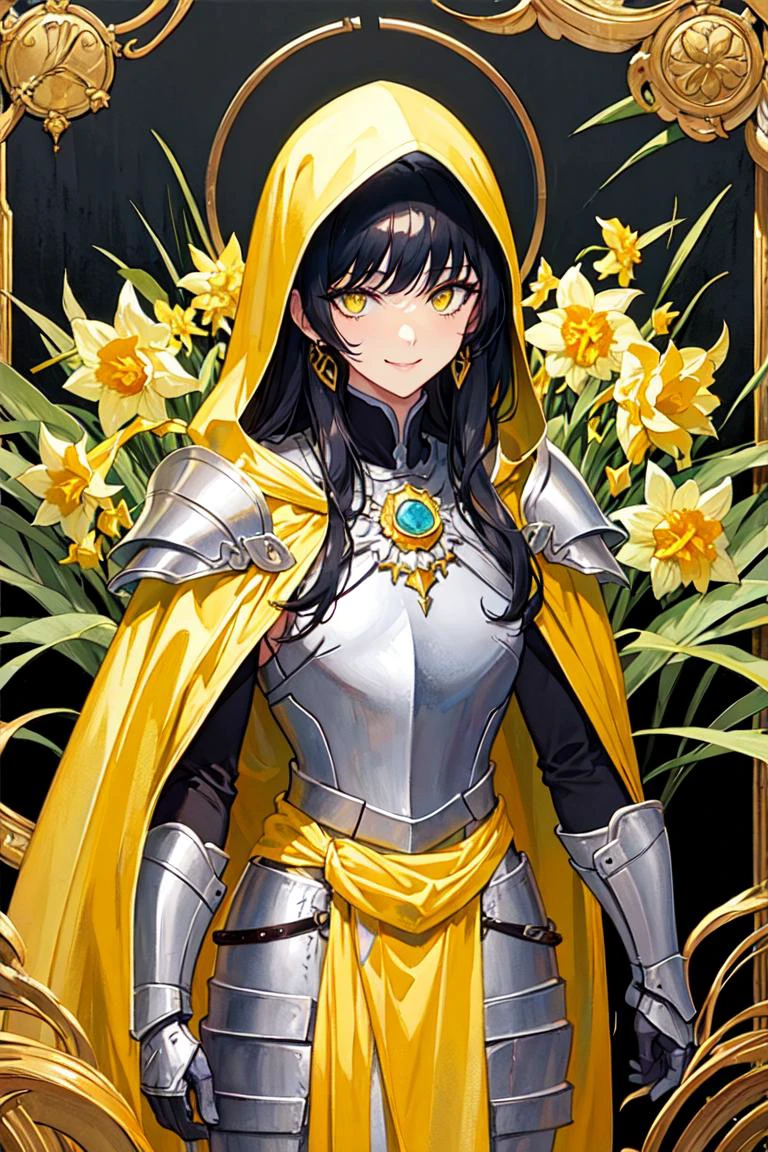 masterpiece, best quality, flat color, official art, (ultra-detailed),(illustration),ink and wash painting, cowboy shot, white background, simple background,
a girl, solo, medium breasts, seductive smile, black eyelashes, yellow eyes, diamond and glaring eyes, beautiful detailed eyes, long hair, black hair, messy hair, hair strands, yellow cloak,
a yellow knight wearing yellow ornated armor, standing sideways, chakram, yellow flowers, daffodil, amber jewelry, amber knight, yellow shoulder armor, yellow cape, sliver engraved breastplate, gauntlets, well built, medals,