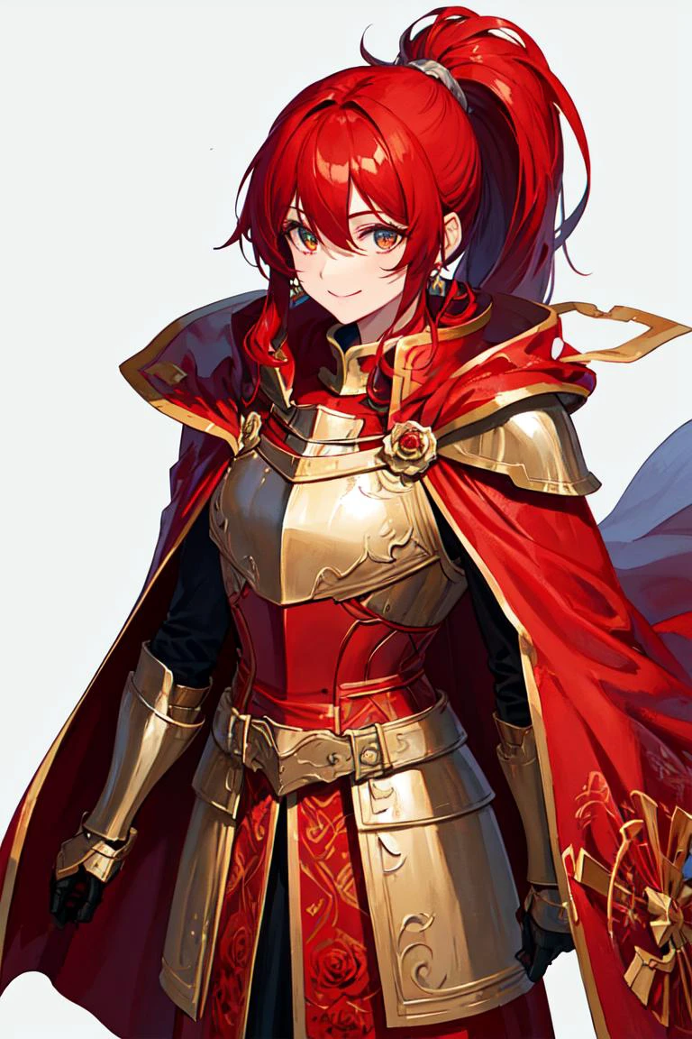 masterpiece, best quality, flat color, official art, (ultra-detailed),(illustration),ink and wash painting, cowboy shot, white background, simple background,
a girl, solo, small breasts, light smile, red eyelashes, diamond and glaring eyes, beautiful detailed eyes, (high ponytail:1.2), red hair, hair between eyes,
a red knight wearing red ornated armor, surrounded by roses, ruby jewelry, crimson knight, red shoulder armor, (red cape:1.4), red cloth, golden breastplate, engraved gauntlets, well built. medals,