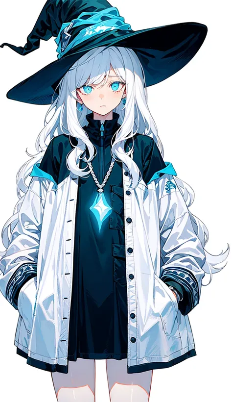 white hair, messy hair, long hair, (expressive eyes, green eyes, glowing eyes),[(white background:1.9)::0.9], [(transparent background:1.3)::5],Witch hat,
\\
masterpiece,best quality,flat color,offical art,white theme,(ultra-detailed),(illustration),ink and wash painting,blue eyes,cold face,looking_at_viewer,1 girl,solo,[(white hair:1.2):(blue hair:1.2):0.5],long hair,wavy hair,bare shoulder,((cold expression)),black chinese dress,black skirt,cute face,white stocking,blue_ inner_hair,shawl,thighs,anklet,femoral ring,(put hands in the pocket:1.4),<lora:chon_v10:0.9> <lora:twewyStyleTheWorldEnds_twewy08:1>