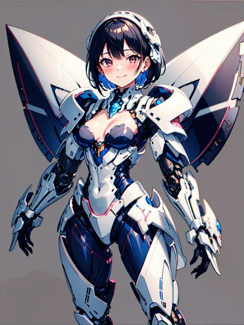 intricate, sharp, 1girl, solo, blush, smile, short black hair, cleavage, medium breasts, mecha musume, simple background