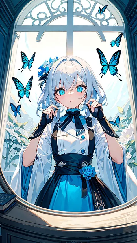 (Overhead view),dynamic angle,ultra-detailed, illustration, close-up, straight on, 1girl, (fantasy:1.4), (azure blue eyes:1.233),Her eyes shone like dreamy stars,(glowing eyes:1.233),(beautiful and detailed eyes:1.1),(Silver hair:1.14),(messy hair,very long hair,french braid,hair between eyes,sidelocks), (+(bule hair flower:1.14)),(chiffon dress,bule flower pattern in uniform)/=(military uniform:1.24),(detached sleeves,wide sleeves),(fingerless gloves),choker,(miko thighhighs),High heeled boots,(expressionless,closed mouth),(standing), (classical Princess boudoir with dressing table<books> and french window<a epic view outside the window> in a white ancient palaces),(white flowers,bloom),(abysmal sea),(flowing water),(a dull blue world tree:1.14),(ruins),(night:1.2),dreamy,soul,(fluorescence),(flying translucent blue butterflies:1.15), [[delicate fingers and hands:0.55]::0.85],(detail fingers),(yubao:0.5),upper body,