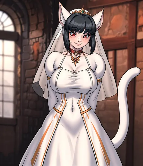 (masterpiece, best quality, absurdres, extreme detail), furry female,( cat girl, cat ears, cat tail),castle interior , standing, windows, closed mouth, smiling , blushing, innocent, <lora:drcomet_v1:0.7>, gigantic breasts, wearing intricate white wedding dress, skirt,[ballgown|DRK_Glam],detailed embroidery, shoulderpads, veil, frills, choker, jewelry, necklace,  bobcut, braids, wide hips, thick thighs, red, arms behind back,  black hair, freckels,<lyco:DarkGown:0.55>