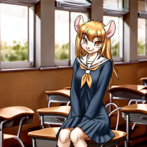 furry female, mouse girl, sitting, standing, classroom, school uniform, smiling
<lora:drcomet_v1:0.8>