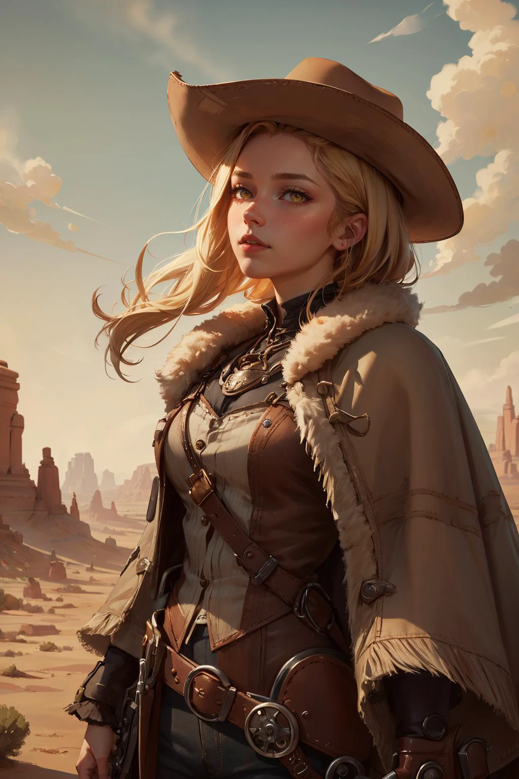 portrait, (masterpiece:1.1), (highest quality:1.1), (HDR:1.0),
1 girl, adult (elven:0.7) woman, amber eyes, natural blonde quiff hair,
portrait, looking up, solo, (full body:0.6), detailed face, (<lora:CattlePunkAI:0.6>, CattlePunkAI theme:1.1), 19th century wild west, cowboy, dynamic pose, poncho, wild west era red canyon mesa in background, tumbleweed, arid, sunshine, bright lighting, cinematic atmosphere, wind blowing,