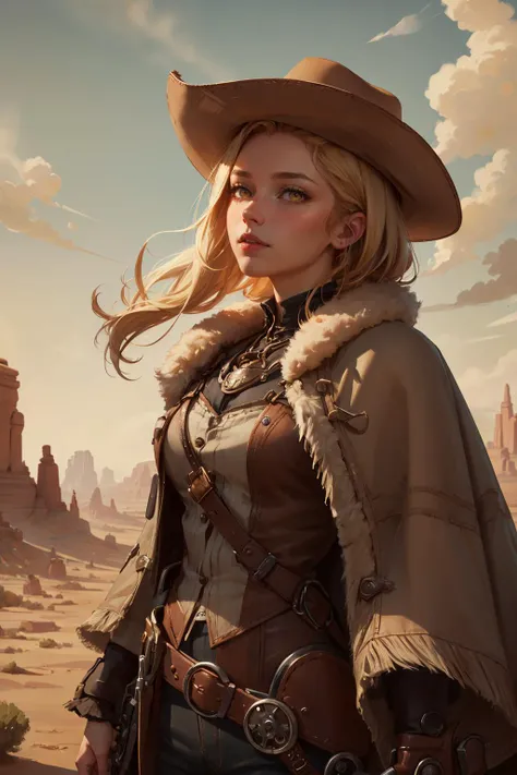 portrait, (masterpiece:1.1), (highest quality:1.1), (HDR:1.0),
1 girl, adult (elven:0.7) woman,  amber eyes, natural blonde quiff hair,
portrait, looking up, solo, (full body:0.6), detailed face, (<lora:CattlePunkAI:0.6>, CattlePunkAI theme:1.1), 19th century wild west,  cowboy, dynamic pose,    poncho,  wild west era red  canyon mesa in background,  tumbleweed, arid, sunshine, bright lighting,  cinematic atmosphere, wind blowing,