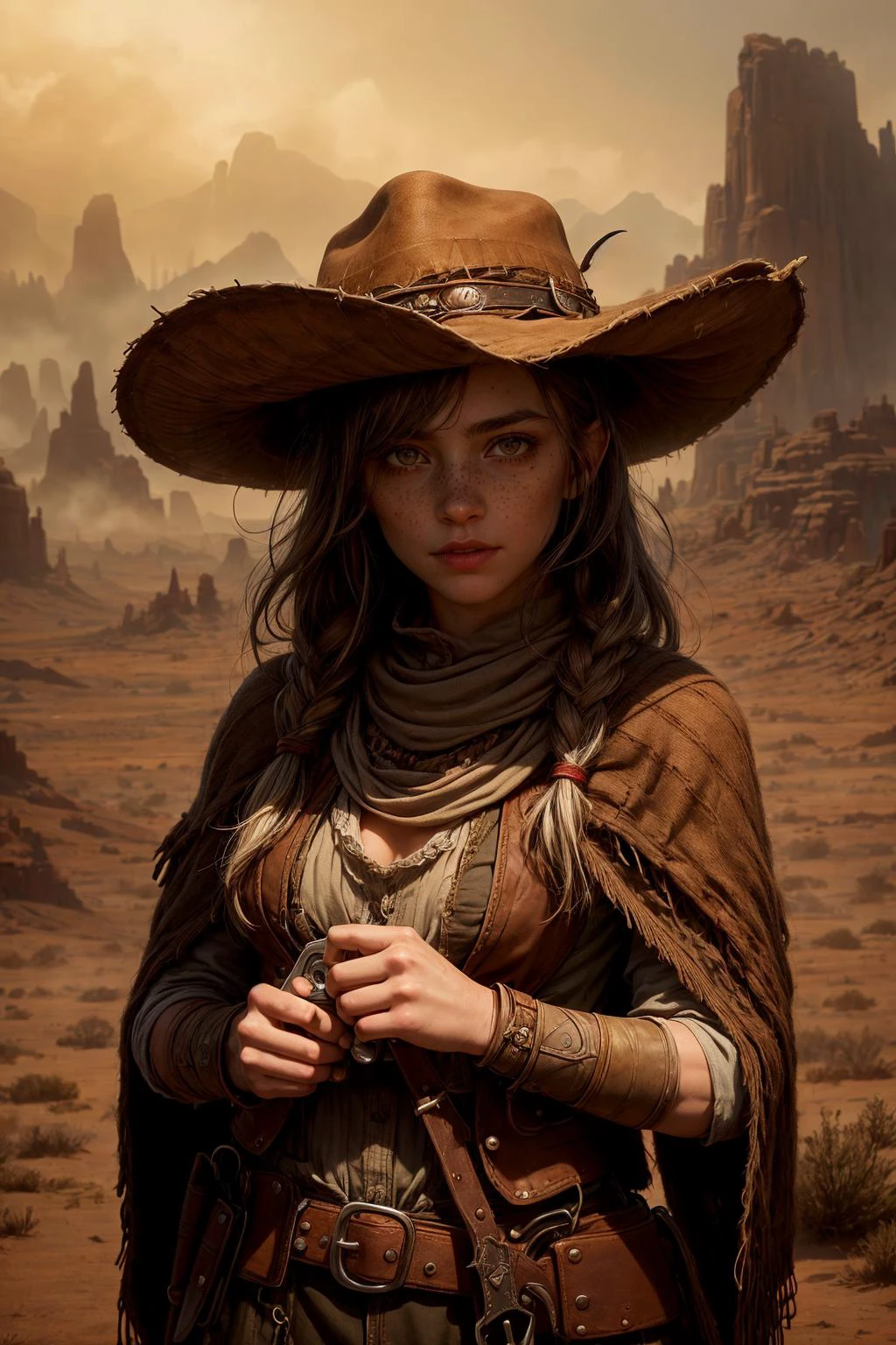 <lora:add_detail:1>
1 girl, adult (elven:0.7) woman, freckles, black eyes, white medium hair,
portrait, (bloody scars:0.7), looking away, focus on character, solo, upper body, detailed face, (<lora:CattlePunkAI:0.6>, CattlePunkAI theme:1.1), bandit, wild west hat, tilted hat, poncho, 19th century wild west, american frontier, wild west era campsite in background, high noon, cinematic atmosphere, dust,