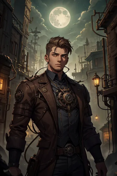 beautiful, linework, thick outlines, strong shadows, <lora:detail_slider_v4:1.0>,
(1man, thin adult british male:1.2), silver eyes, light brown hair, short back and sides,
(style-rustmagic:0.8), solo, upper body, looking at viewer, detailed background, detailed face, (<lora:CattlePunkAI:0.6>, CattlePunkAI theme:1.1), haunted expression, investigator of lovecraftian horrors, steampunk frayed adventuring gear, goggles, dark color scheme, hopelessness, , isolation, , forbidden rituals, , lovecraftian story, ancient ruins in background, eerie moonlight, mysterious lovecraftian atmosphere,