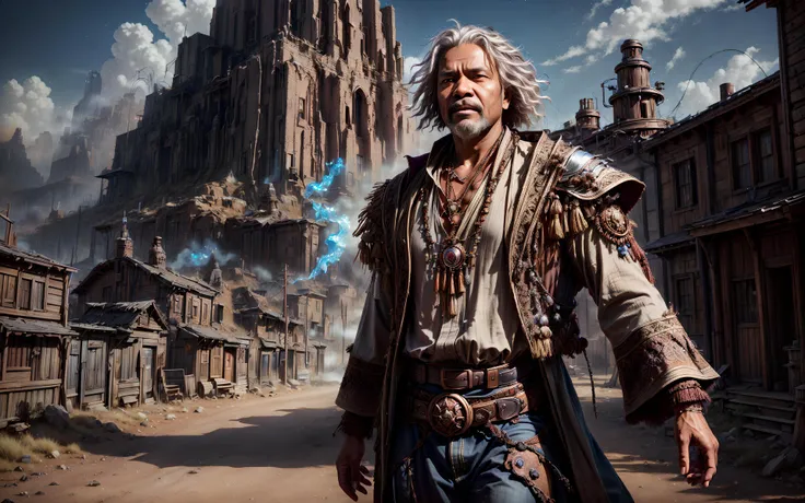 masterpiece, epic, majestic, best quality, very high resolution, 8k, hdr, digital photography, dynamic pose, showstopping wrinkled face, 65 years old (male Tsonga:1.2) warrior-monk, silver eyes, (silver hair, Long Curly Haircut:1.1), showing sickly expression, (style-swirlmagic:0.6), looking up, solo, half shot, detailed background, (<lora:CattlePunkAI:0.6>, CattlePunkAI theme:1.1), glowing eyes, powerful sorcerer, Mystic flowing robe, magic pendant, determined expression, (Tumbleweed fire), magic spell, mana, floating crystals, grim dark realistic lighting, ruined street in background,, (iridescent:0.7), (transparent:0.8), (translucid:0.8), (reflection:0.6), (refraction:0.3), (diffraction:0.3), (caustics:0.3), volumetric lights, volumetric shadows, (subsurface scatering:0.4), physically based rendering, (intricate details:1.3), hyperdetailed, ultrarealistic, (sharp focus:1.2) <lora:hyperdenoiser_v090:1.5> <lora:add_detail:1.5>