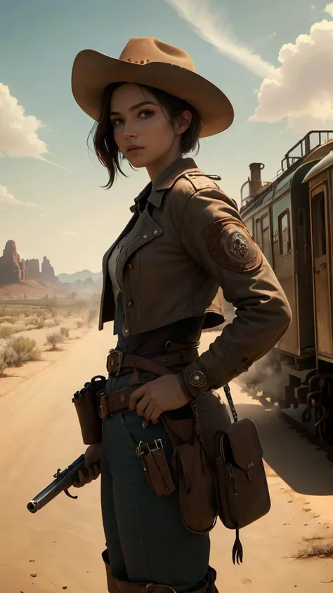 ((masterpiece, best quality)),1girl,natural skin texture,good lighting,ultra detailed shadows,perfect eyes,look at viewer,aqua eyes,detailed,(HD:1.2),(8K:1.2),<lora:CattlePunkAI:0.7>,CattlePunkAI,bandit with holster and belt and coat,wild west,town with railway station in background,desert backdrop,sunset,cinematic atmosphere,wind blowing,cowboy_shot,Style-DA,Style-GHL,