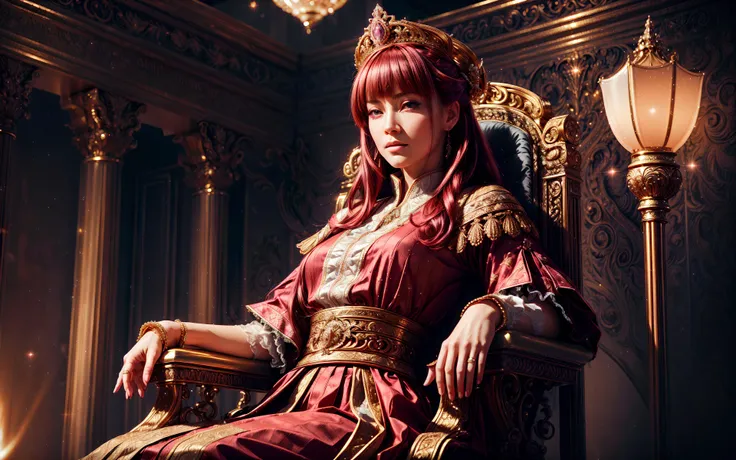 masterpiece, epic, majestic, best quality, very high resolution, 8k, hdr, digital photography, dynamic pose, elegant wise, old female Waxiang sorcerer, pink eyes, (dark red hair, Straight Blunt Bangs:1.1), showing distracted expression, focus on character, looking up, solo, (full body:0.7), detailed background, detailed face, (<lora:CattlePunkAI:0.6>, CattlePunkAI theme:1.1), royal ruler, aristocratic, floating particles, light particles, sitting on throne, soft smile, ballroom background, symmetrical composition, sidelighting, cinematic atmosphere, royal crown, regalia,, (iridescent:0.7), (transparent:0.8), (translucid:0.8), (reflection:0.6), (refraction:0.3), (diffraction:0.3), (caustics:0.3), volumetric lights, volumetric shadows, (subsurface scatering:0.4), physically based rendering, (intricate details:1.3), hyperdetailed, ultrarealistic, (sharp focus:1.2) <lora:hyperdenoiser_v090:1.5> <lora:add_detail:1.5>