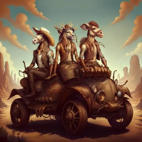funny threesome, horse, deer, donkey
driving a cattlepunkai car, view from front, futurism <lora:CattlePunkAI:0.6>