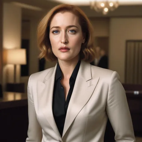 <lora:gilliananderson_sdxl:1>  gilliananderson, , a elegant woman, in a (hotel-lobby:1.2), wearing a (shirt:1.15) and a (blazer:1.1), makeup, (led-lights),  (realistic, photo-realistic:1.37), ultra high res, ultra-detailed, incredibly beautiful girl, 8k uhd, dslr, soft lighting, high quality, film grain, Fujifilm XT3