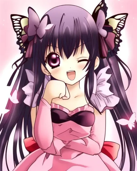 koge donbo, 1girl, solo, one_eye_closed, :D, upper_body, pink, frills, ribbon, butterfly <lora:kogedonbo:1>
