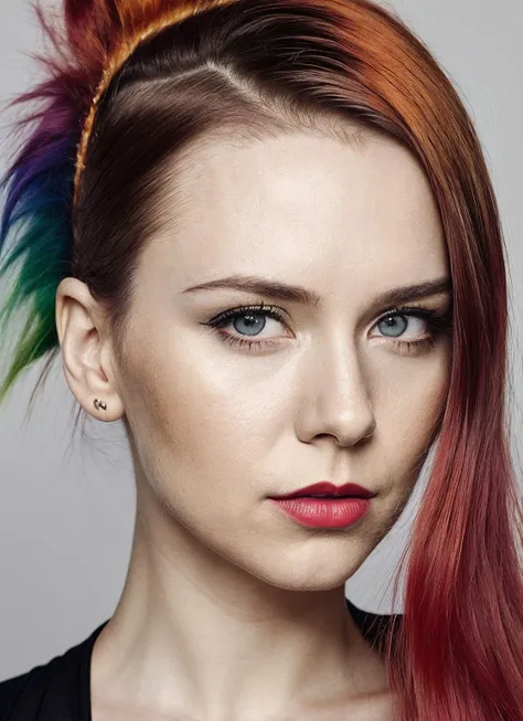 portrait of sks woman by Flora Borsi, style by Flora Borsi, bold, bright colours, rainbow Mohawk haircut, ((Flora Borsi)), <lora:lora_maja_v1_from_v1_160:1>