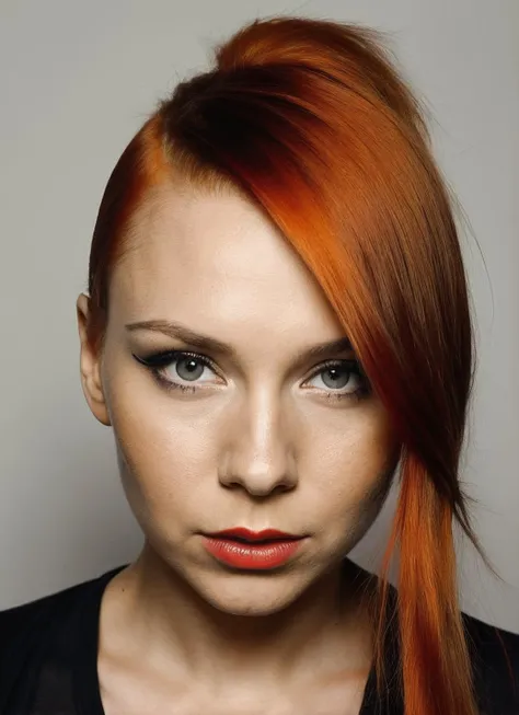 portrait of sks woman by Flora Borsi, style by Flora Borsi, bold, bright colours, orange Mohawk haircut, ((Flora Borsi)), <lora:lora_maja_v1_from_v1_160:1>