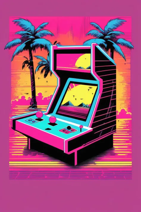<lora:Synthwave T-shirt:1>Synthwave T-shirt - 80s arcade, comic book style artwork, synthwave, tropical 8bit t-shrit design in the style of the retro 80s