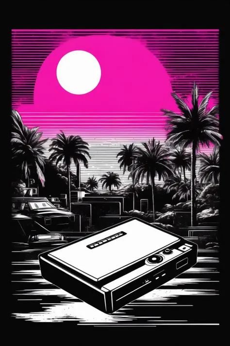 <lora:Synthwave T-shirt:1>Synthwave T-shirt - monocrome white background vintage retro vector black outline artwork in a synthwave music context turn off your devices