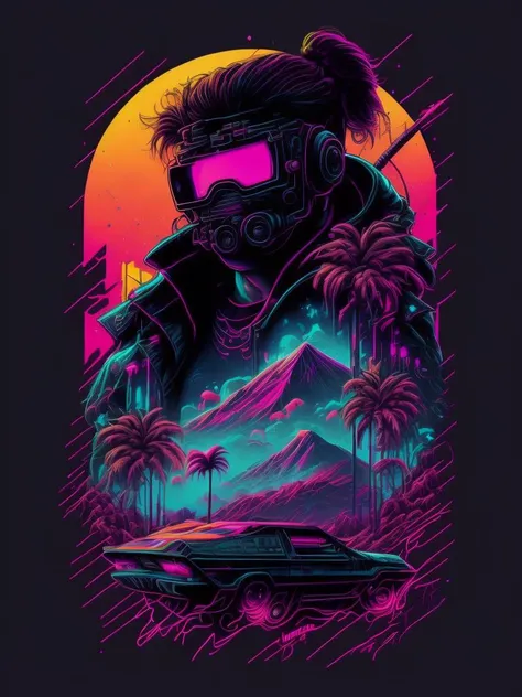<lora:SynthwaveT-shirt:1>cyberpunk asthetic, graffiti inspired, neon colors, neo tokyo, futuristic, vector art, t-shirt design