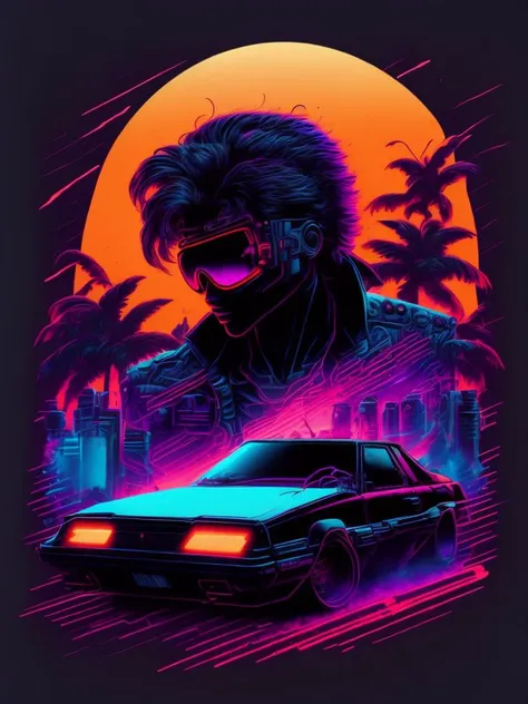 <lora:SynthwaveT-shirt:1>Troublemaker in a synthwave scenary, purple Blue Red Orange, bright neon colors on a black background,