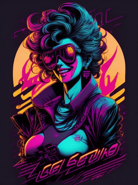 <lora:SynthwaveT-shirt:1>retrowave cisgender smiling woman character design, sticker, full body photo, anime style, trigger studio style, manga art, comics, inking, graffiti art, graphic, neon colors, golden ratio composition, design for tshirt