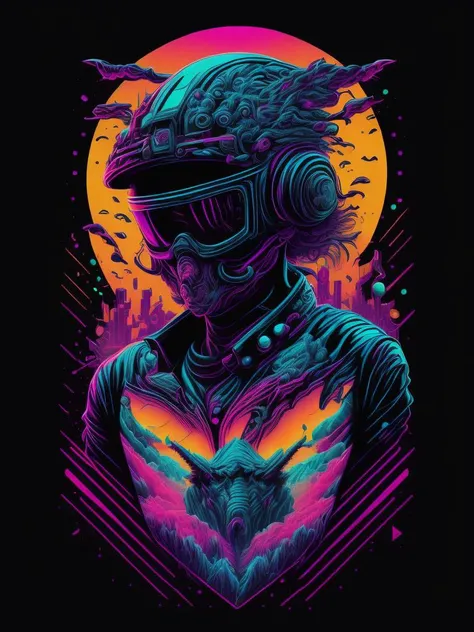 <lora:SynthwaveT-shirt:1>psychadelic, vector image, t-shirt design, isolated, black background, futuristic 3D illustration