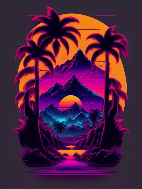 <lora:SynthwaveT-shirt:1>mountains, palm trees and sun, vectorized, synthwave, purple blue red orange, bright neon colors on a dark background,