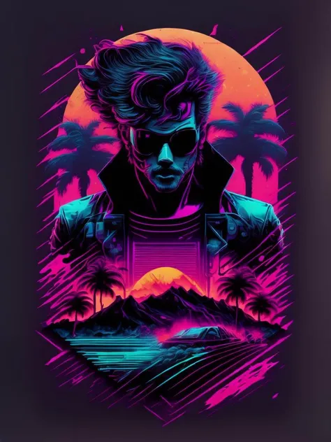 <lora:SynthwaveT-shirt:1>man ripping open his chest, synthwave aesthetics, illustration, vector art, screen print art--q 5