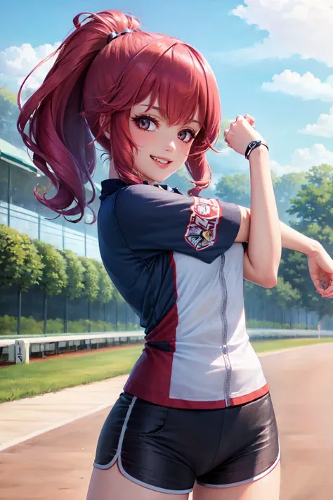(masterpiece, best quality:1.2), <lyco:concept_cross-bodystretch-11:1.0>, solo, 1girl, mature female, grin, looking at viewer, cross-body stretch, stretching, ponytail, hair ribbon, sports uniform, short sleeves, short shorts, race track