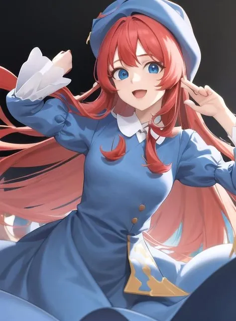 best quality, (masterpiece),(ultra-detailed), (high quality), (high resolution), <lora:francoise-10:0.7>,francoise, 1girl, solo, long hair, looking at viewer, smile, open mouth, blue eyes, simple background, long sleeves, hat, white background, dress, red hair, multicolored hair, puffy sleeves, looking back, streaked hair, blue dress, transparent background, juliet sleeves, yellow headwear,green hair,