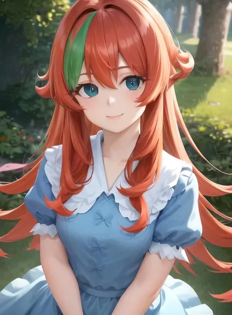 best quality, (masterpiece),(ultra-detailed), (high quality), (high resolution), <lora:francoise-10:0.7>,francoise, 1girl, solo, long hair, looking at viewer, smile, bangs, blue eyes, hair between eyes, green eyes, red hair, multicolored hair,( green hair1.2), orange hair, two-tone hair, streaked hair, close-up