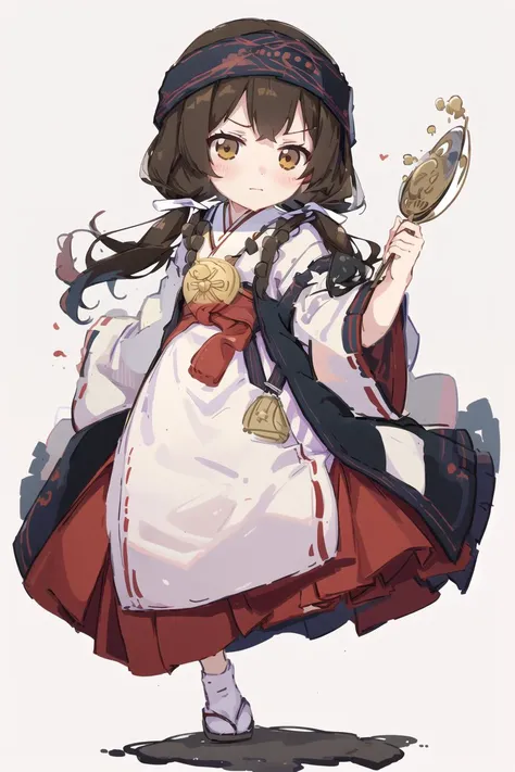 highest quality, best quality, 1girl,
amayadori machi, blush, brown eyes, brown hair, hair ribbon, hakama, hakama skirt, headband, holding, japanese clothes, kumamiko, low twintails, miko, red hakama, ribbon, skirt, twintails, white ribbon, <lora:AmayadoriMachi_civit:1>
fumo, <lora:fumo_v10:0.7>