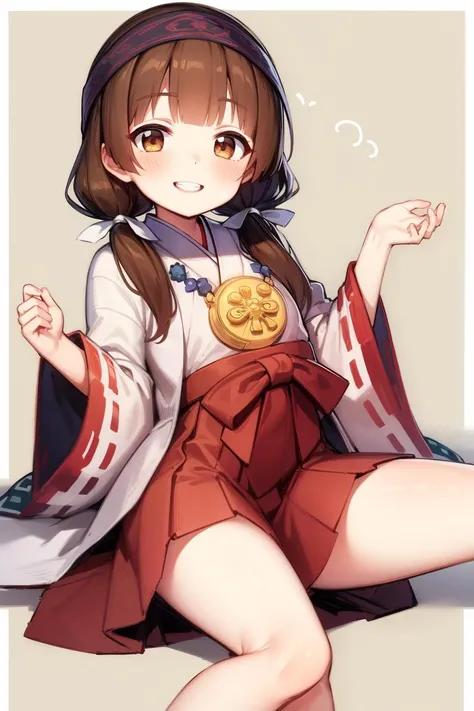 masterpiece, highest quality, best quality, 1girl, solo, looking at viewer, s(qautting:1.2), legs spread,
amayadori machi, blush, brown eyes, brown hair, hair ribbon, hakama, hakama skirt, headband, holding, japanese clothes, kumamiko, low twintails, miko, red hakama, ribbon, skirt, twintails, white ribbon, <lora:AmayadoriMachi_civit:1>
lozhkin, accurate teeth with gaps, (smiling:1.2), <lora:lozhkin_V1:0.14>