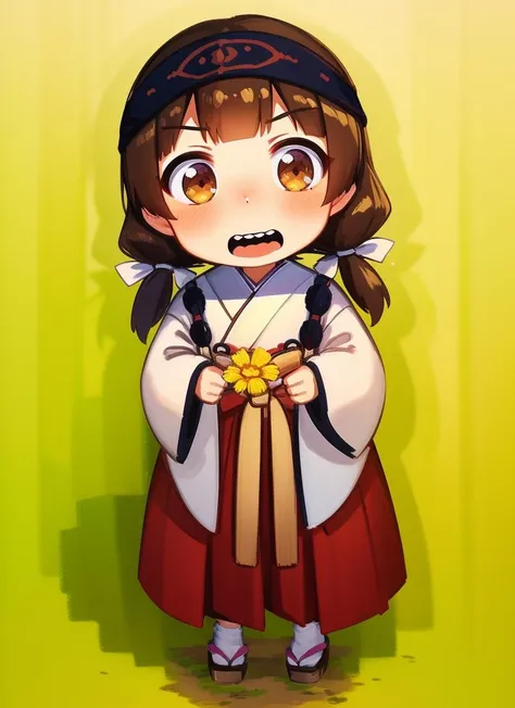 masterpiece, highest quality, best quality, 1girl, solo, looking at viewer, tomboy, chibi, (holding ð¼:1.3),
amayadori machi, blush, brown eyes, brown hair, hair ribbon, hakama, hakama skirt, headband, holding, japanese clothes, kumamiko, low twintails, miko, red hakama, ribbon, skirt, twintails, white ribbon, <lora:AmayadoriMachi_civit:1>
lozhkin, accurate teeth with gaps, (ð¤£:1.3), <lora:lozhkin_V1:0.6>