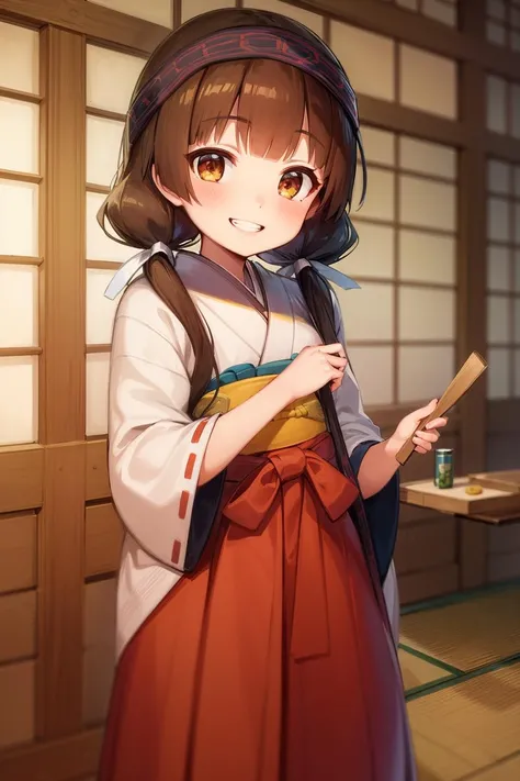 masterpiece, highest quality, best quality, 1girl, solo, looking at viewer, (sqautting:1.3),
amayadori machi, blush, brown eyes, brown hair, hair ribbon, hakama, hakama skirt, headband, holding, japanese clothes, kumamiko, low twintails, miko, red hakama, ribbon, skirt, twintails, white ribbon, <lora:AmayadoriMachi_civit:1>
lozhkin, accurate teeth with gaps, (smiling:1.2), <lora:lozhkin_V1:0.14>