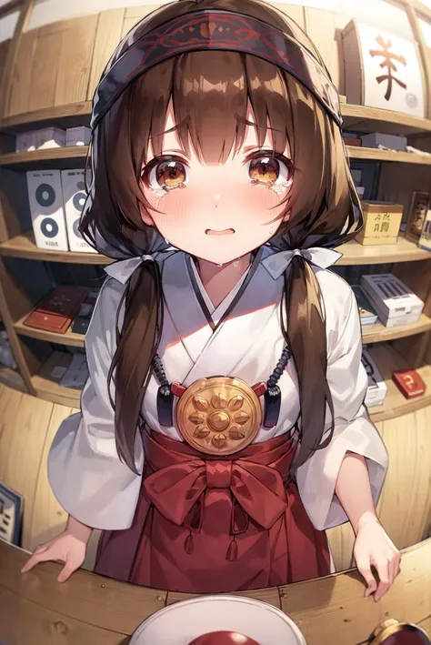 masterpiece, highest quality, best quality, 1girl, solo, looking at viewer, dress, dressed, (from above:1.1), upper body, outside, public, (fisheye:1.3),
amayadori machi, blush, brown eyes, brown hair, hair ribbon, hakama, hakama skirt, headband, holding, japanese clothes, kumamiko, low twintails, mery (yangmalgage), miko, red hakama, ribbon, skirt, tears, twintails, white ribbon,  <lora:AmayadoriMachi_civit:1>