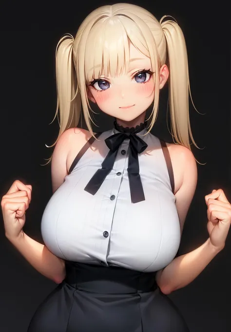 masterpiece, best quality, sharp focus, absurdres, BREAK,
1girl, solo, smile, blush, (looking at viewer), (upper body:1.3),
(huge ), wide hips,
platinum blonde hair, twintails,
BREAK
simple background, (flat color)