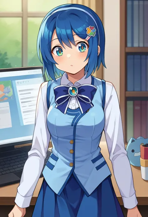 score_9, score_8_up,score_7_up, source, anime,
BREAK
<lora:os-tan_7-tan_ponyXL:0.8>, madobe nanami standing on front of computer, hair ornament, hairclip, hairband, white shirt, bow, long sleeves, blue vest, blue skirt