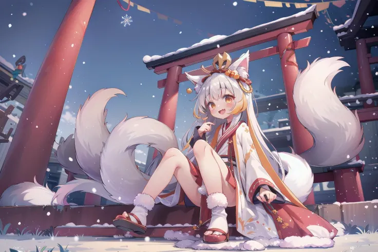 <lora:Lgirl-v6_500steps:1.5> 1girl, (high quality:1.2), (ultra detailed:1.2), ((absurdres)), (masterpiece), from side, CG, <lora:kaiaQT:0.6>, kaia, cute face, perfect body, white hair, very long hair, orange eyes, two-tone hair, hair ornament, fox ears, fox tail, multiple tails, <lora:Winter_Hanfu:0.65> hanfu, winter hanfu, Cloak, open mouth, smile, sitting, Reach out to catch the snowflakes, looking up, night, snowing, snowflake, snow, Torii gate, stone steps, shrine architecture, Comfortable tones,