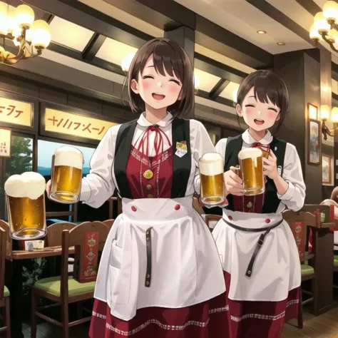 Beer , Bright smile, cup, Lightブルーのロングヘア, Holding cup, Mug, alcohol, food, Holding,, ribbon, Beer  Mug, , apron, waitress, neck ribbon, shirt, Laughter, Happy, Bright smile, Dark Eyes、
New Munich, scenery, table, Outdoor, blue sky、Chair, window, ceiling Light, restaurant, Light, 
