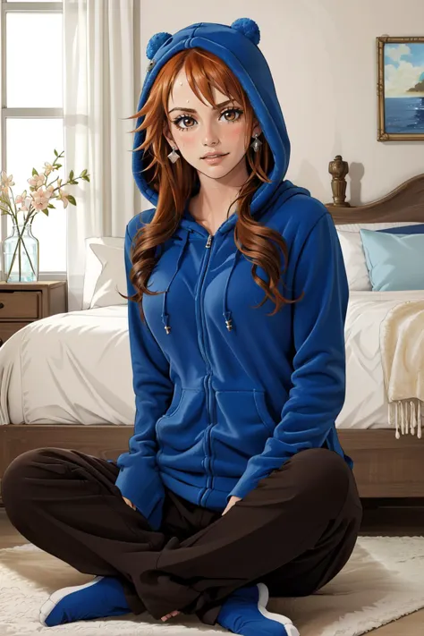 (masterpiece, best quality),  intricate details,
1girl,  <lora:nami_(one_piece)_v1:0.8> nami (one piece), long hair, orange hair, brown eyes, earrings, 
 <lora:footie-10:0.8> hoodie-footie pjs, hood up, hood down
indoors, bedroom, cute,  sweating,