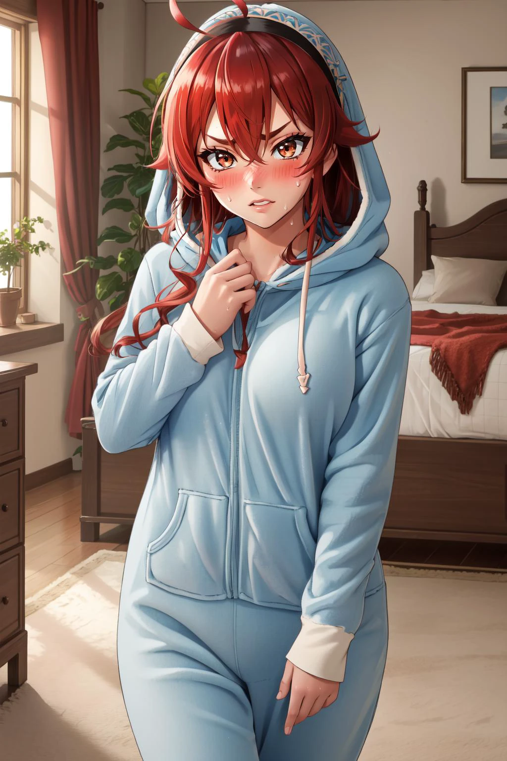 (masterpiece, best quality), intricate details,
1girl, <lora:eris_greyrat-10:0.8> eris_greyrat, long hair, ahoge, hair between eyes, very long hair, hairband, black hairband, thick eyebrows,
sweating, boob sweat,
<lora:footie-10:0.8> hoodie-footie pjs, hood up, hood down, indoors, bedroom, blushing, cute,